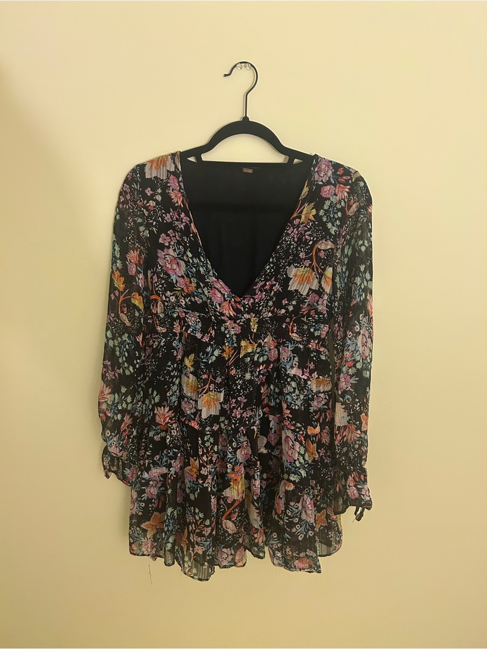 Free People Black Floral V-Neck Tunic with Multicolor Print